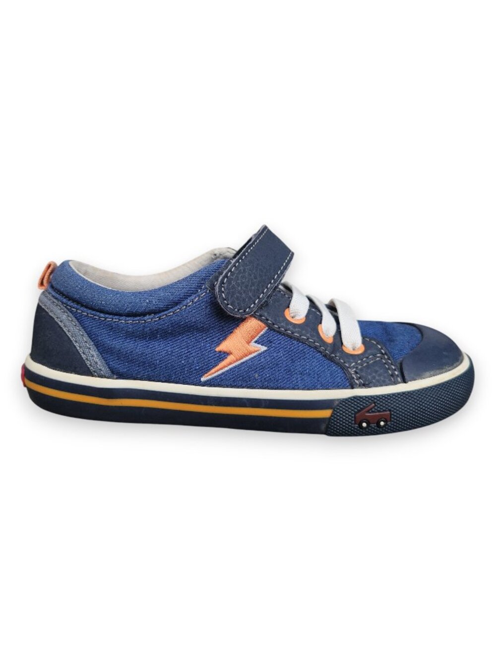 See Kai Run Tanner Blue Denim Sneakers Kids Size 12 Hook & Loop EUC Orange Accen